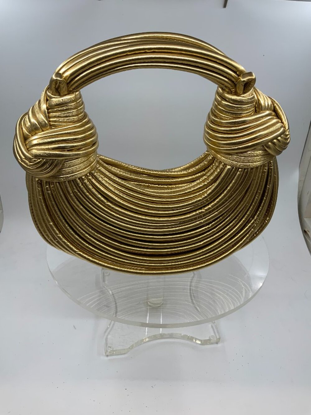 Vintage Sculptural Gold Knot Handle Clutch Bag with Crossbody Strap
